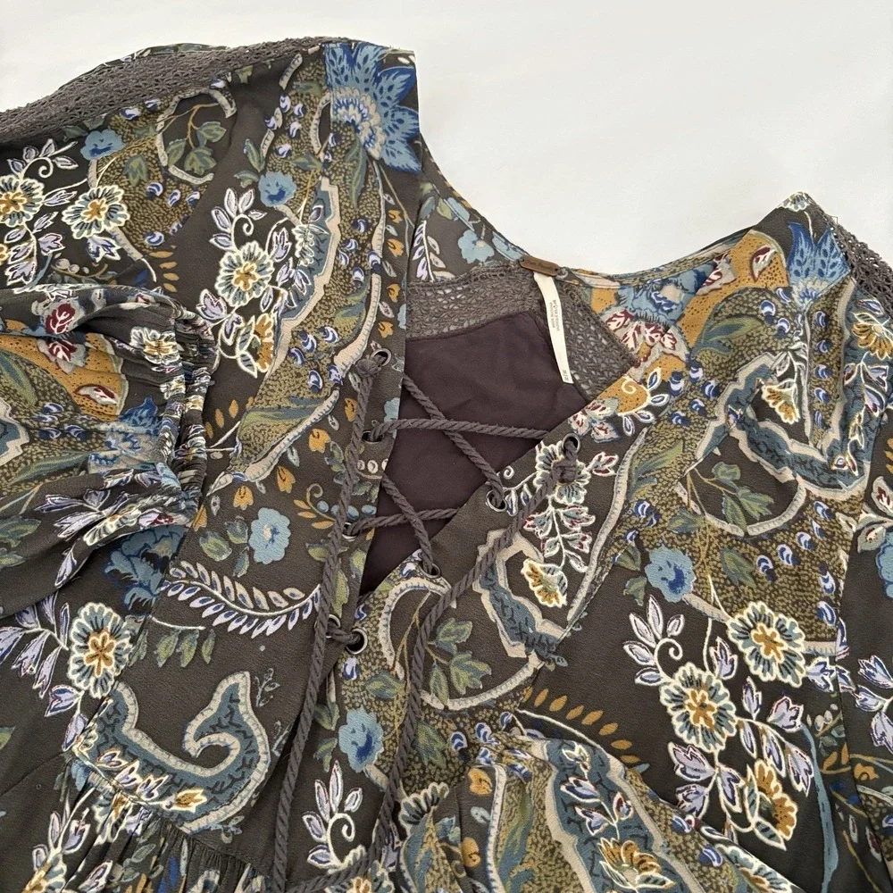 Free People Rain or Shine Tie Up‎ Tunic Dress Womens Gray Paisley Floral Medium
